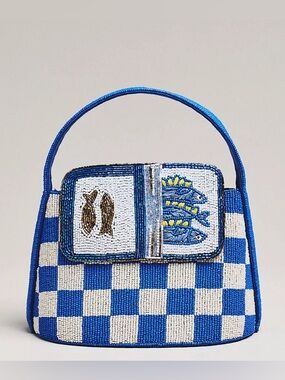 Anthropologie Maeve Beaded Icon Tote Bag Purse handbag sardine blue checker